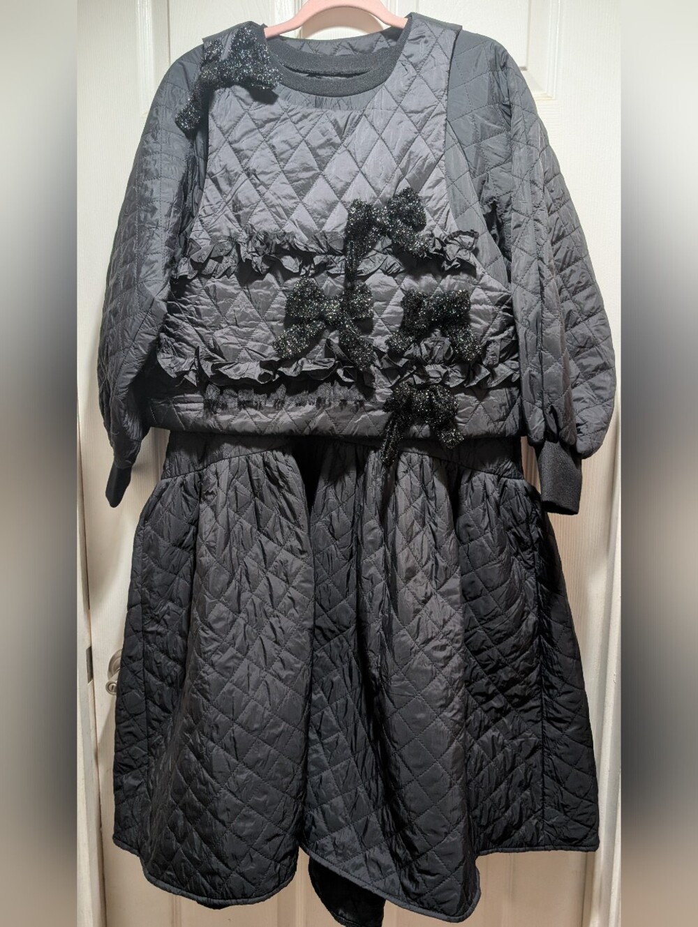 Black Quilted Women's Puffer Jacket with Decorative Applique